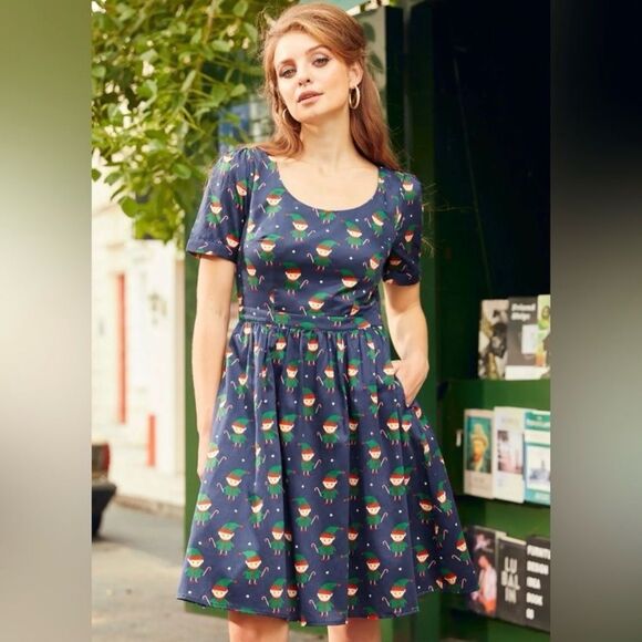 Modcloth Retro What's The Scoop ALine Dress Christmas Elf Cotton Blue Size S NWT - Picture 1 of 12